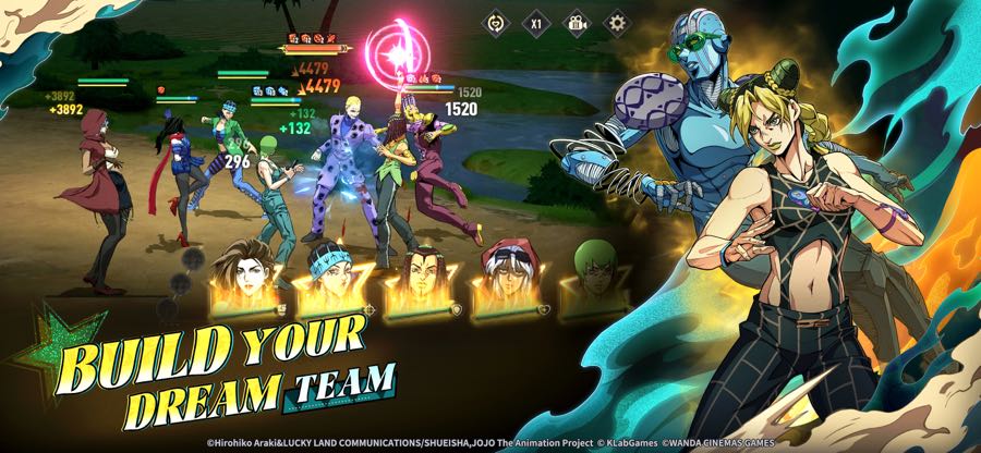 JoJo Golden Spirit team battle screenshot showing the party UI and combat damage numbers