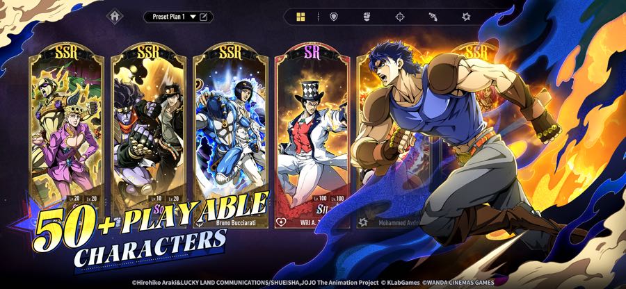 JoJo Golden Spirit gacha result screen showing SSR and SR character cards